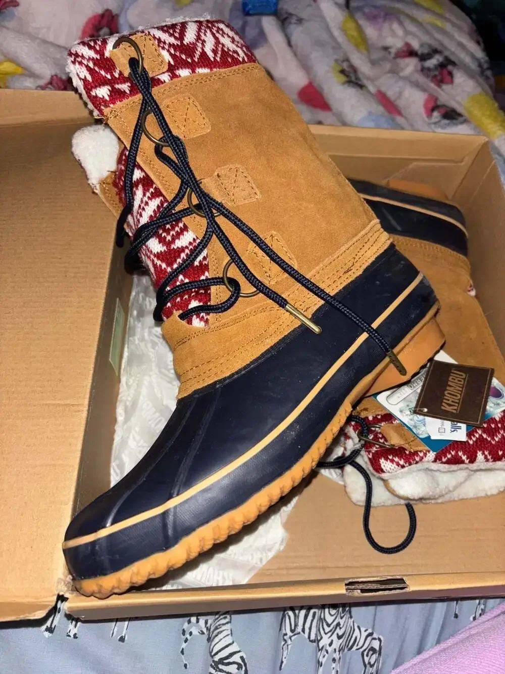 Khombu Vail Brown Suede and Navy Rubber Duck Boots with Red Fair Isle Sweater Cu